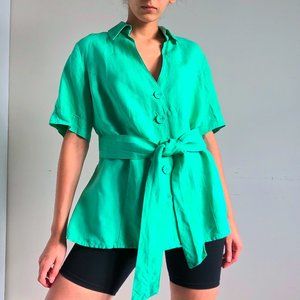 green linen blend short sleeve button down